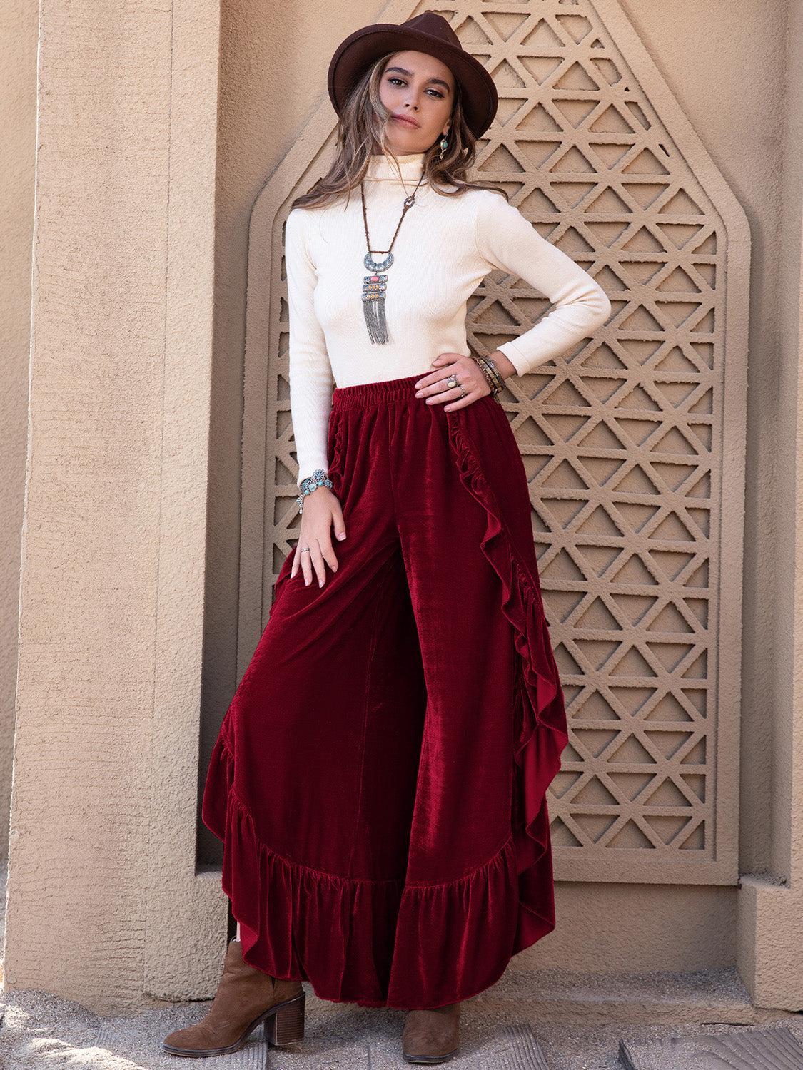 Slit Ruffled Wide Leg Pants