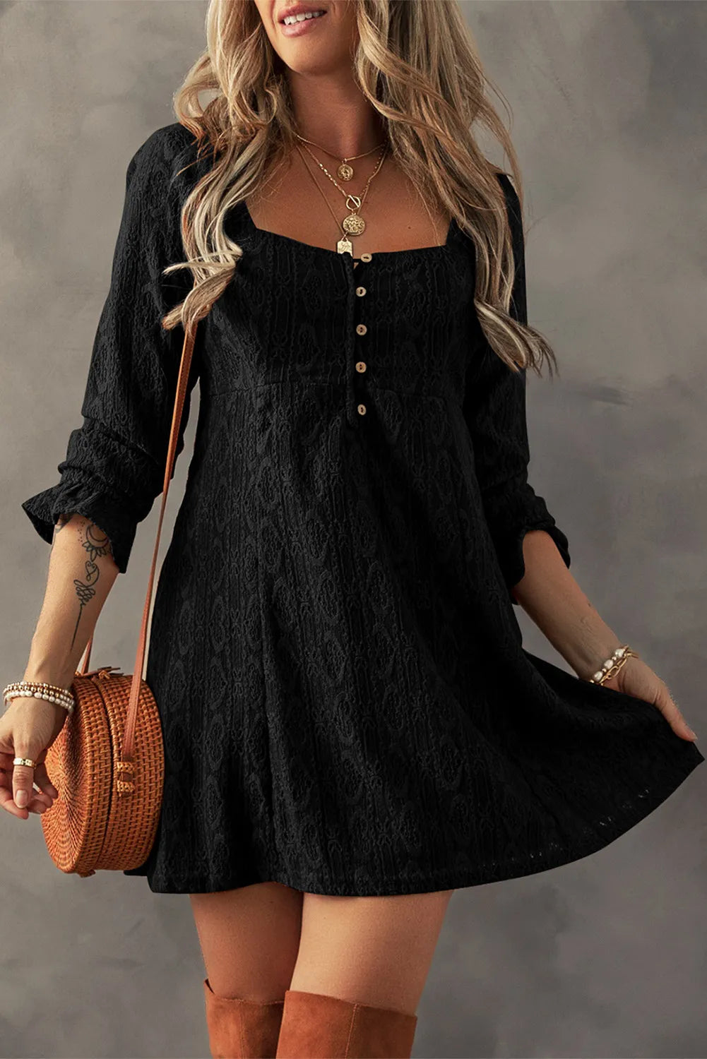 Textured Square Neck Mini Dress